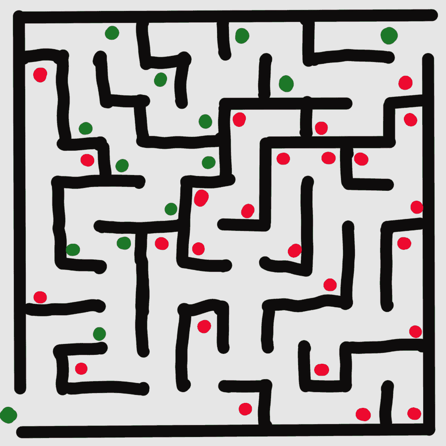 Parisha's hand-drawn maze: a square of thick black lines, with 14 green dots along the way through and 25 red dots in the side passages. The way in is at the bottom left and the way out at the top right.